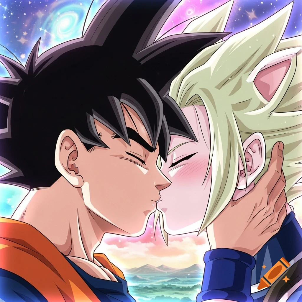 Anime illustration of Goku and Caulifla sharing a gentle kiss against a colorful cosmic background.