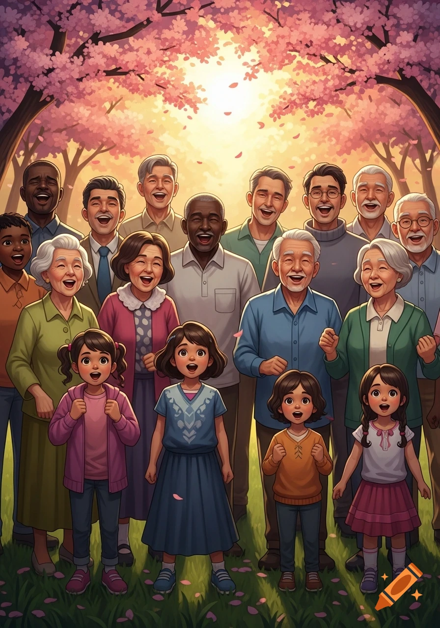 A diverse group of happy children, adults, and seniors, with open mouths, stand under pink cherry blossom trees in a vibrant, stylized illustration.