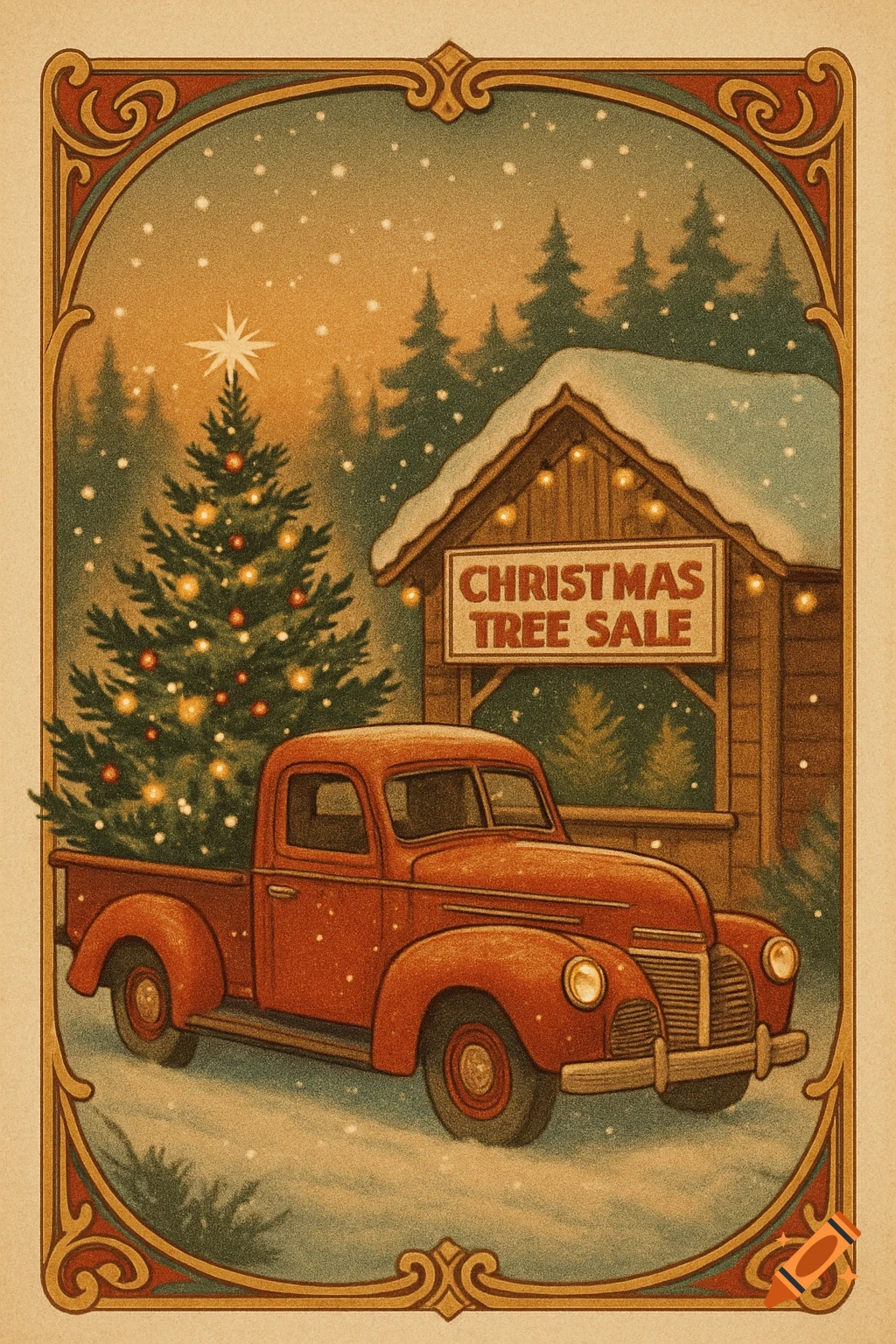 A vintage Christmas illustration of a red pickup truck in the snow with a decorated tree, beside a 'Christmas Tree Sale' booth.