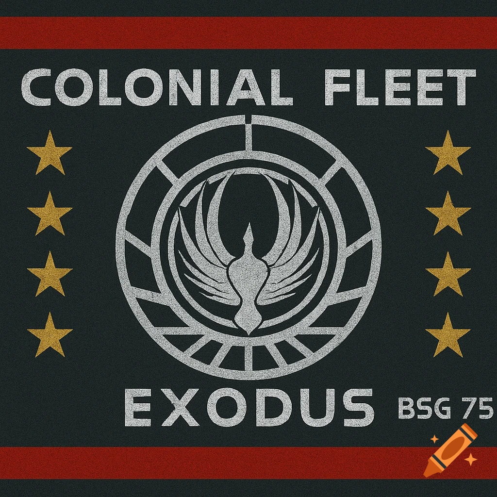 A dark gray flag with a silver Colonial Fleet phoenix emblem, gold stars, red stripes, and text 'COLONIAL FLEET EXODUS BSG 75'.