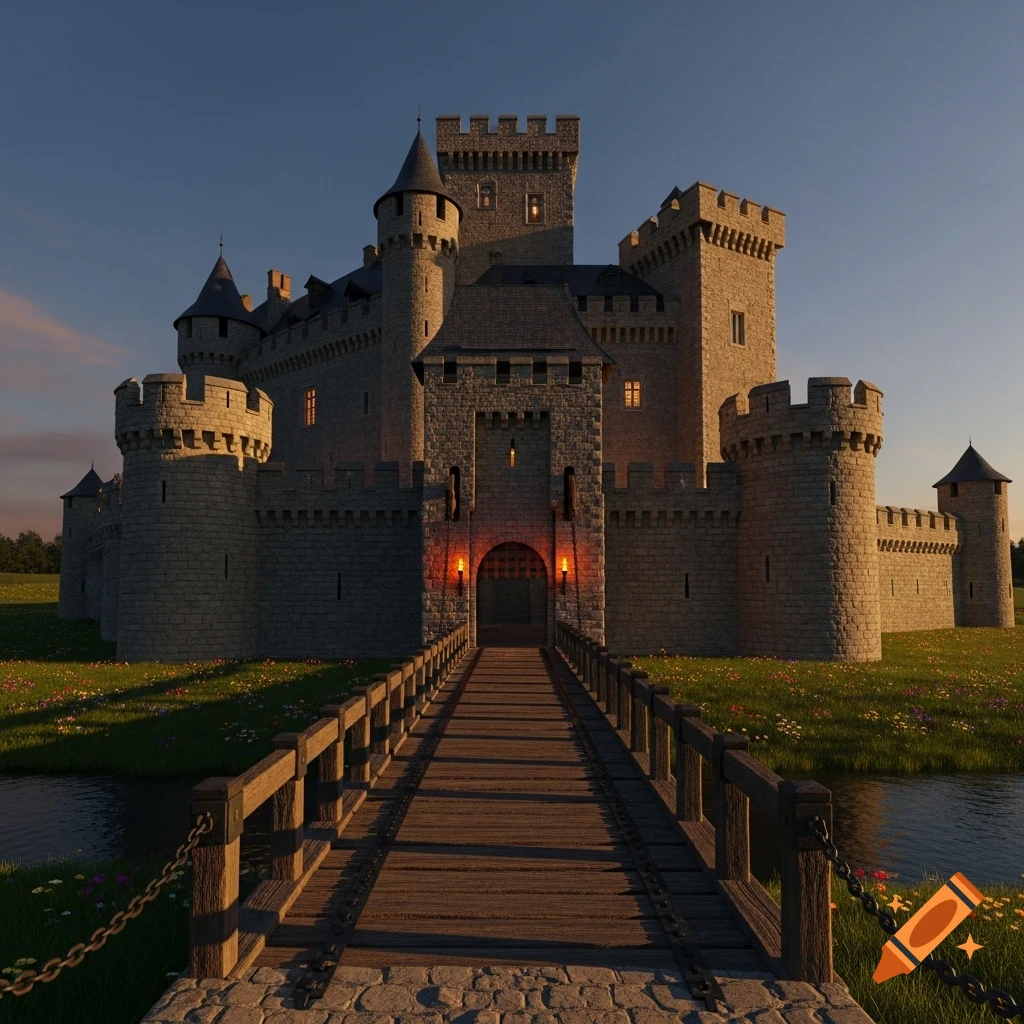 A majestic medieval castle at sunset, featuring multiple stone towers, battlements, and a long wooden drawbridge over a moat leading to an illuminated main gate.