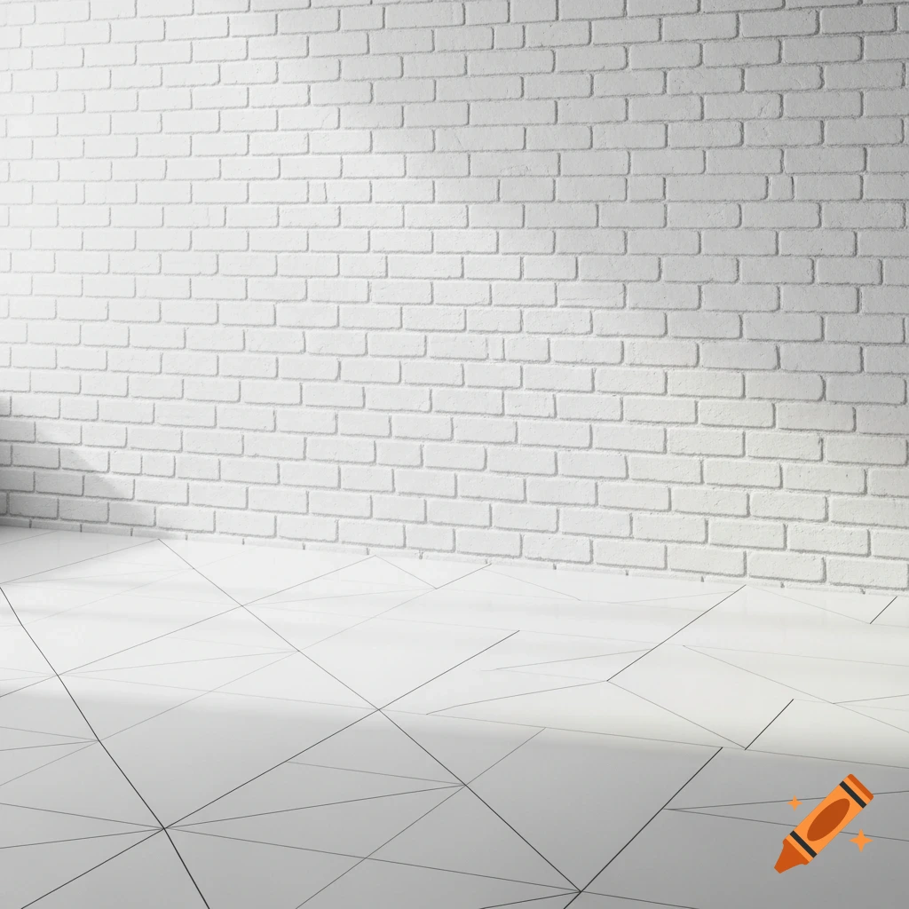 A minimalist room featuring a white brick wall and a white tiled floor with a geometric pattern, illuminated by natural light.