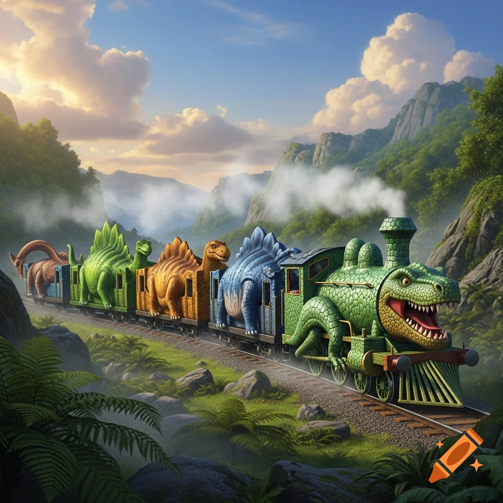 A vibrant, cartoonish dinosaur train chugs through a lush, misty valley ...