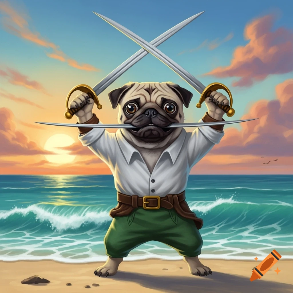 A cartoon pug pirate on a beach at sunset, holding two swords with one in its mouth.
