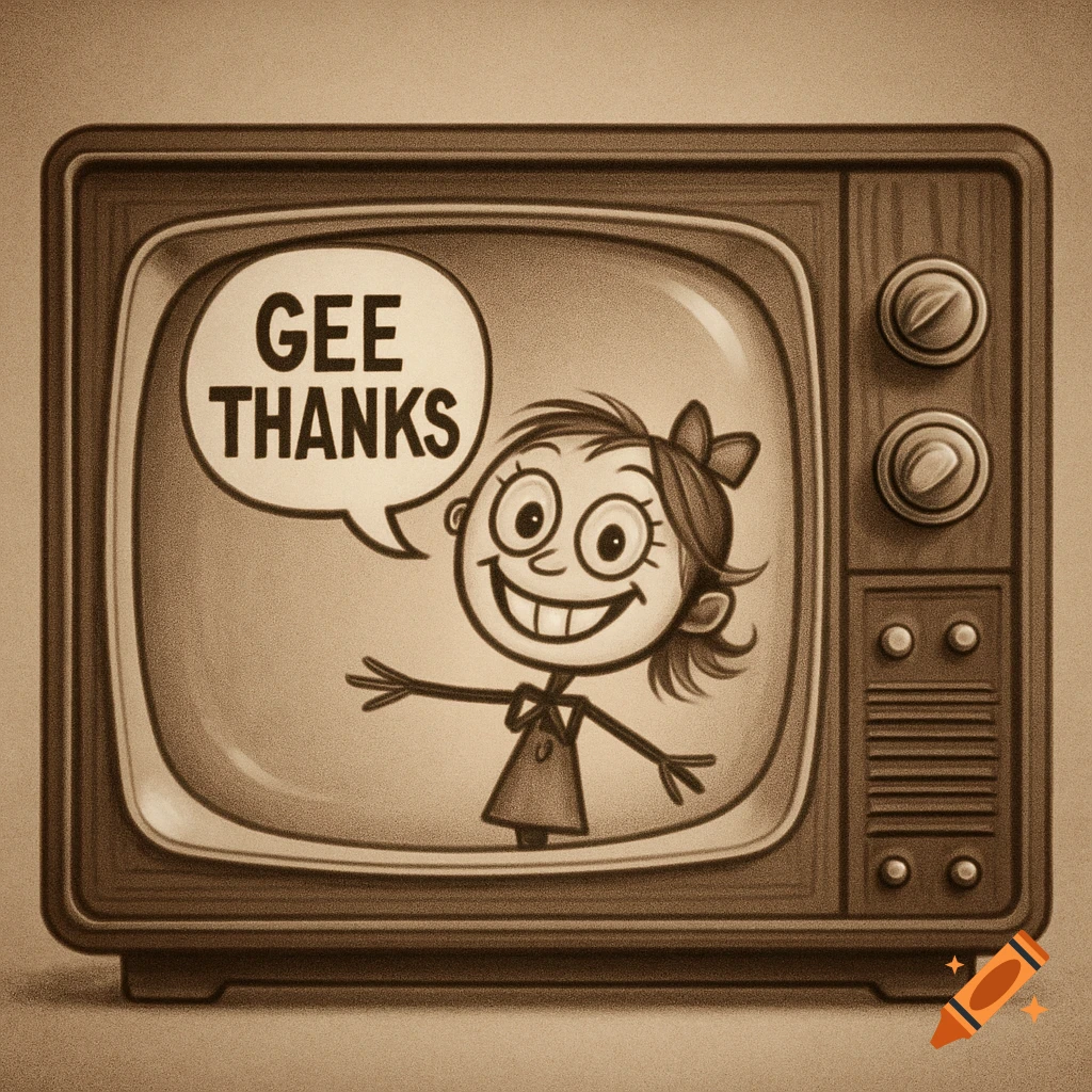 A sepia-toned cartoon of a smiling girl on a vintage television screen, with a speech bubble saying 'GEE THANKS'.