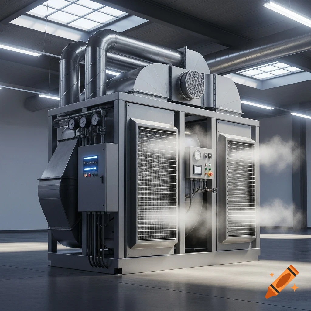 Large industrial air conditioning and filtering unit with metal pipes, control panels, and vents emitting vapor, in a factory.