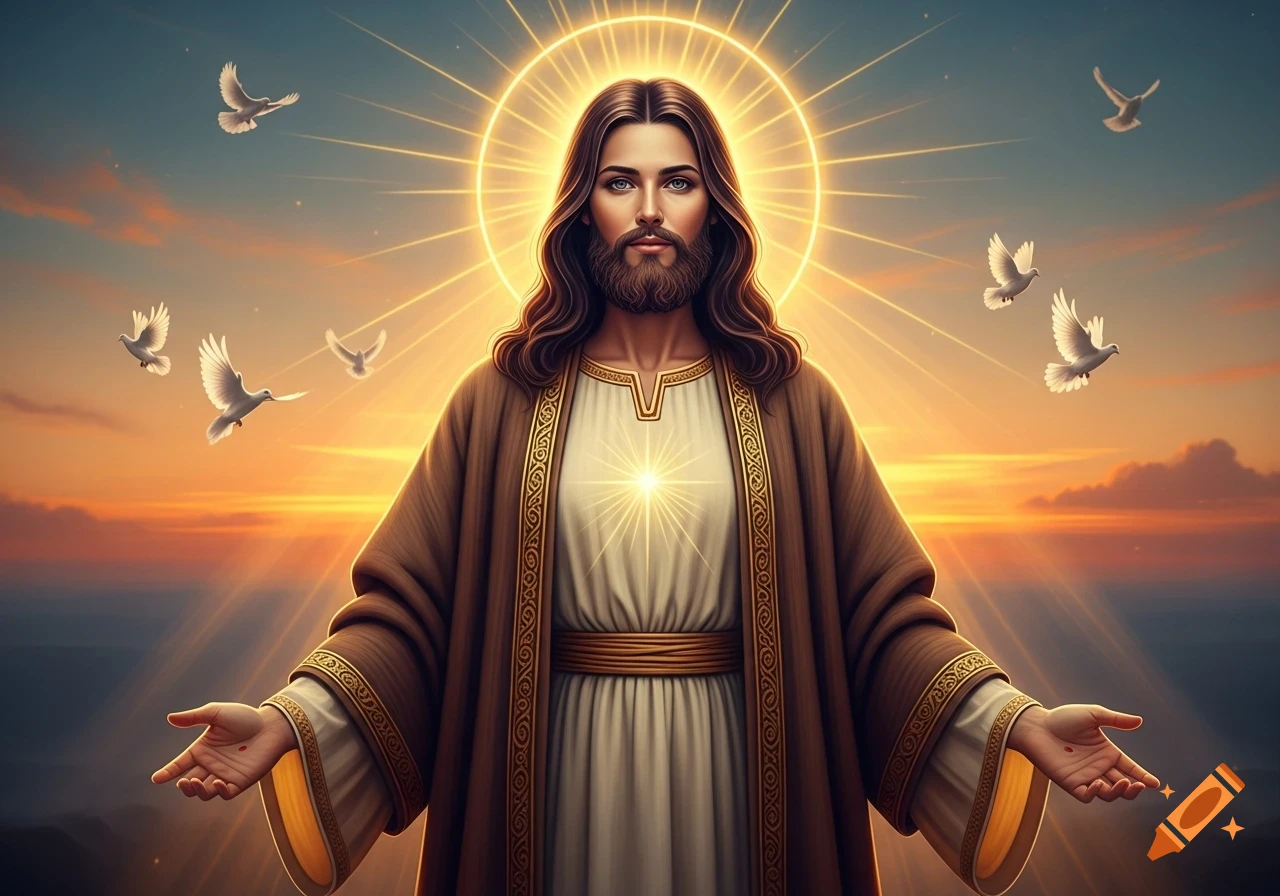 Jesus Christ with a glowing halo, long hair and beard, wearing robes with outstretched arms, surrounded by doves against a dramatic sunrise.