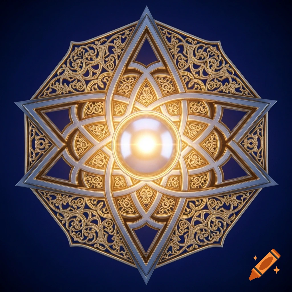 An ornate Byzantine star symbol with gold and silver filigree, a central glowing pearl, and blue background segments.