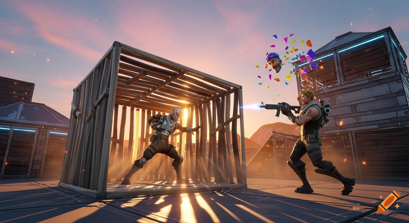 Fortnite characters in a battle. One shoots another enclosed in a wooden structure, their head exploding into colorful fragments under a sunset sky.