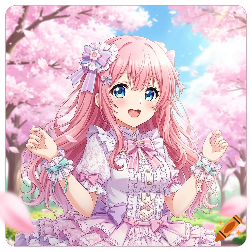 A cute anime girl with pink hair and blue eyes in a frilly pink and white dress, surrounded by cherry blossoms.