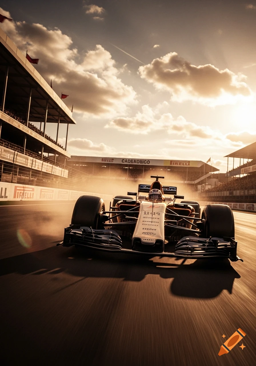 A low-angle shot of a Formula 1 car speeding on a track at sunset, with spectators in the grandstands and dust trailing.