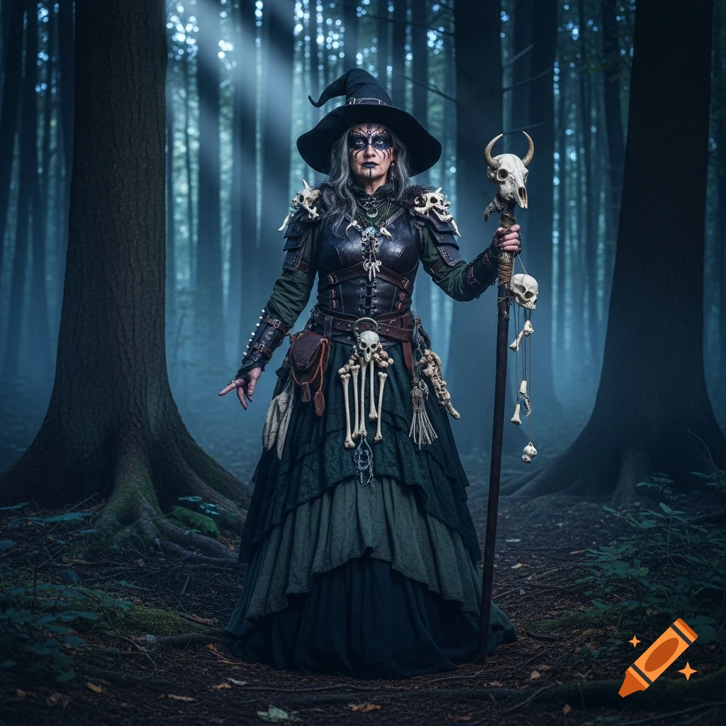 A dark forest witch in a pointy hat, face paint, and bone-adorned armor stands in a misty, sun-dappled forest. Photorealistic.