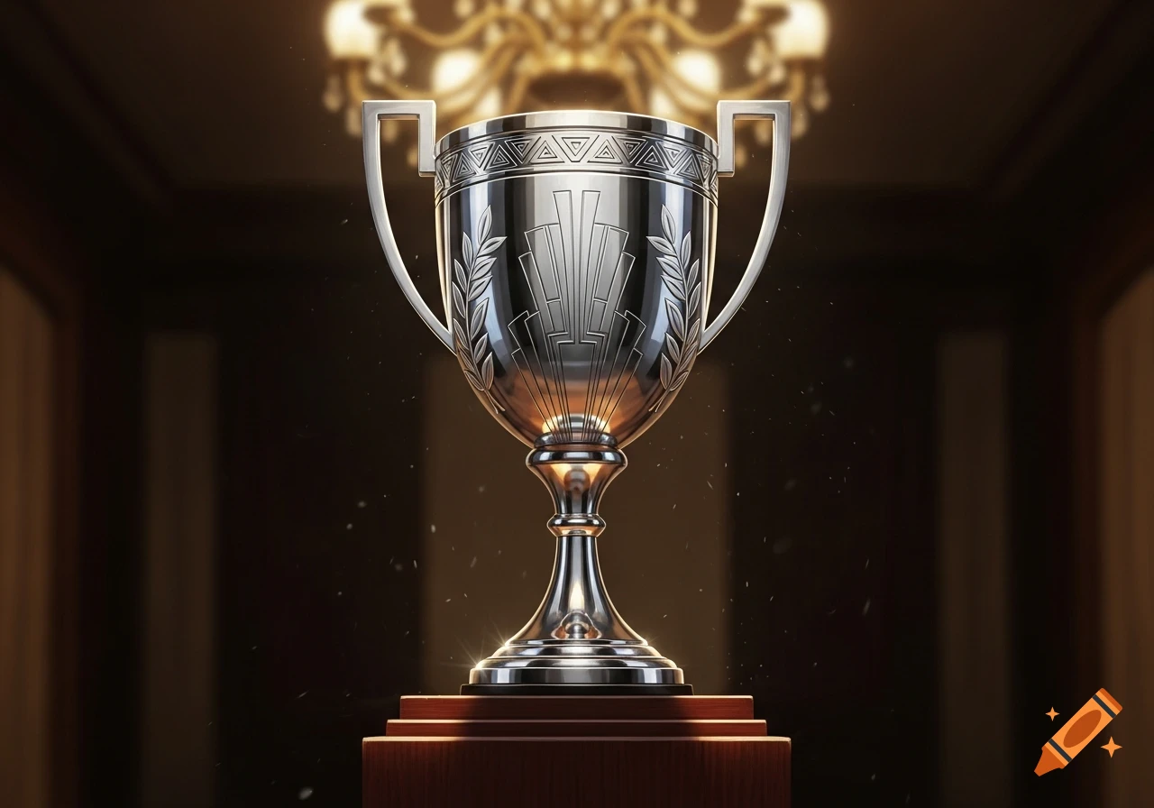 A detailed silver trophy with decorative patterns on a wooden pedestal, illuminated in a dark, elegant room with a blurred chandelier in the background.