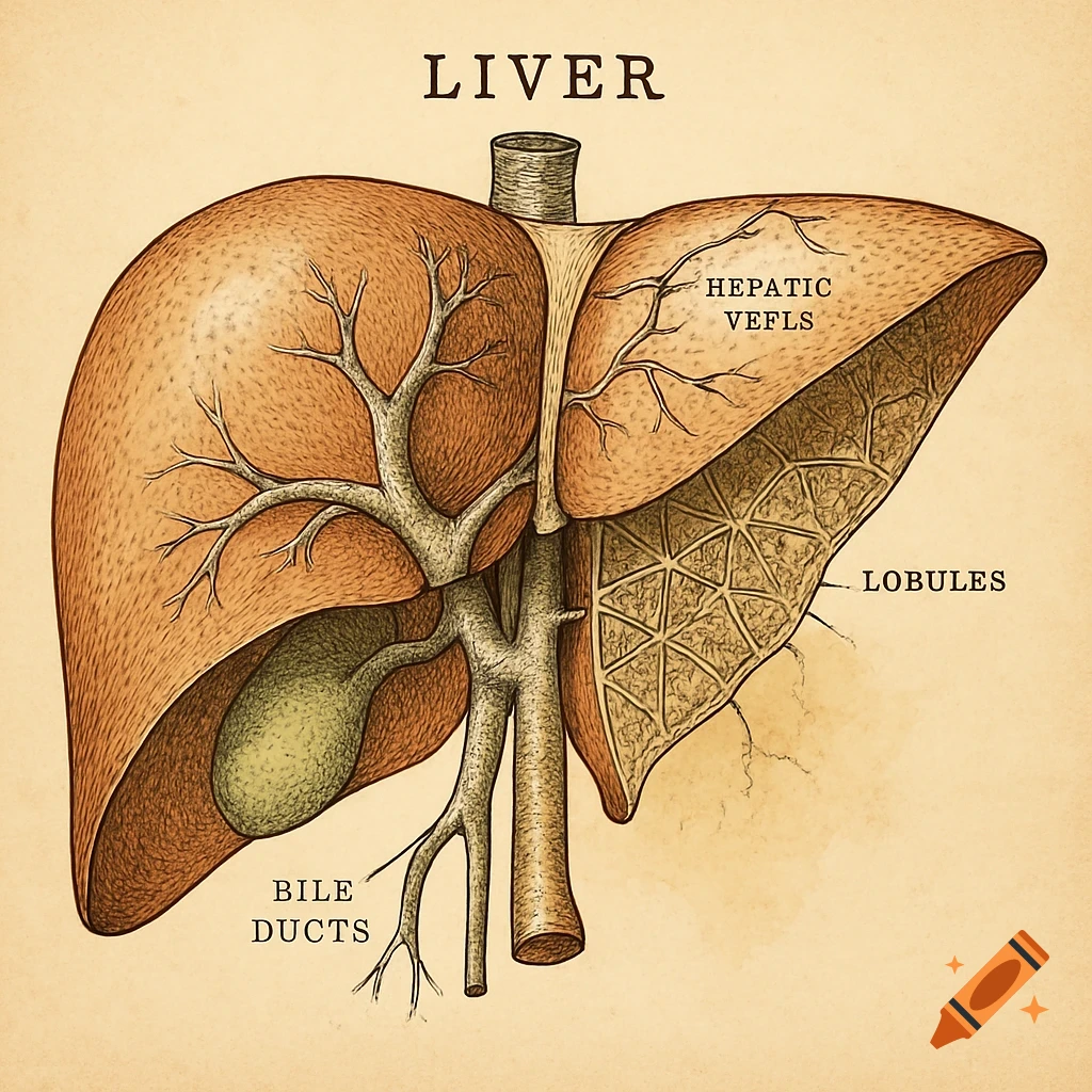 Detailed vintage schematic drawing of a human liver, illustrating internal structures like hepatic vessels, lobules, and bile ducts.