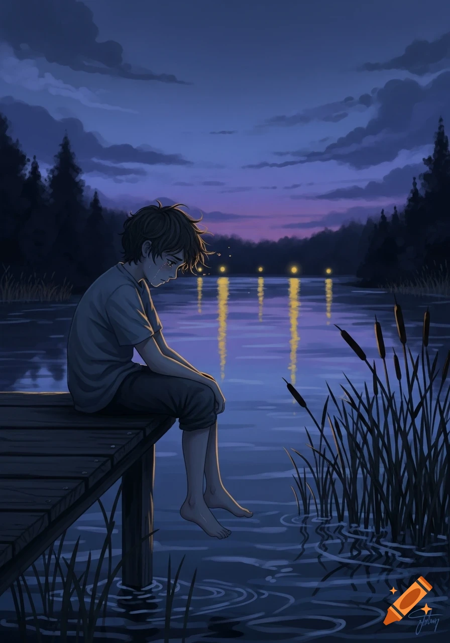 A sad boy sits on a dock by a dark lake at night, tears on his face, with lights reflecting on the water, anime art.