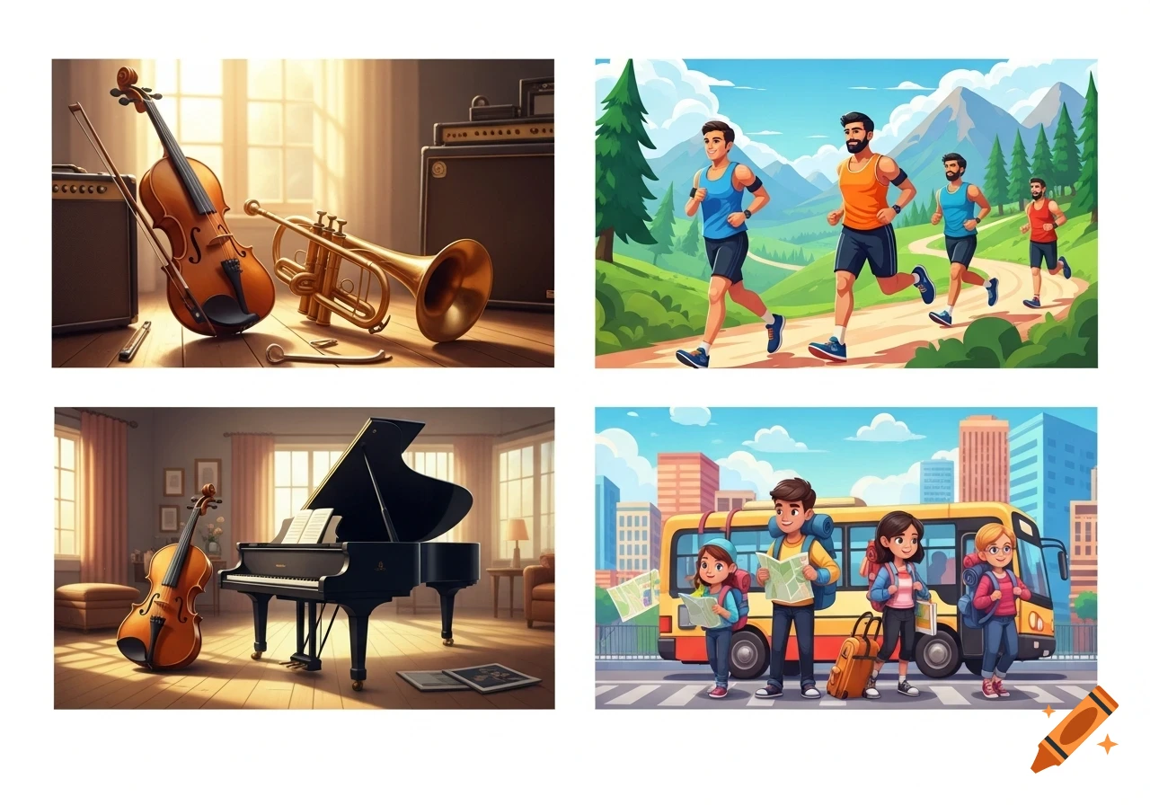 Four cartoon illustrations: top-left shows violin, trumpet, and amplifiers; top-right features four men running outdoors; bottom-left displays a grand piano and violin; bottom-right depicts three children and an adult with maps in front of a bus.