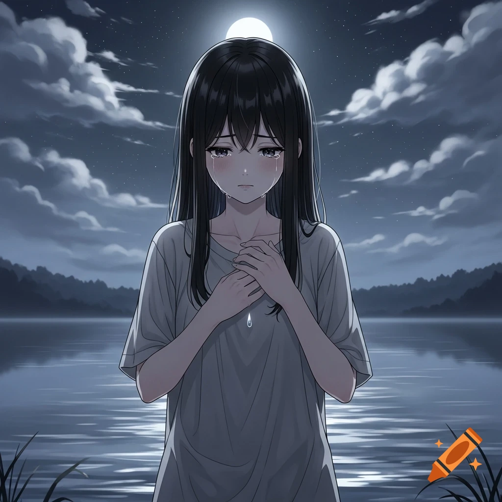 Anime girl with long dark hair, wearing a t-shirt, crying sadly by a moonlit lake at night.