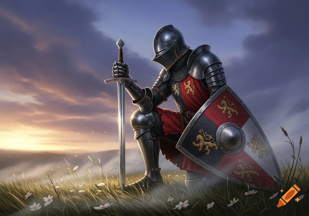 A fully armored knight kneels with a sword planted in a grassy field at sunset. His shield has a lion emblem.