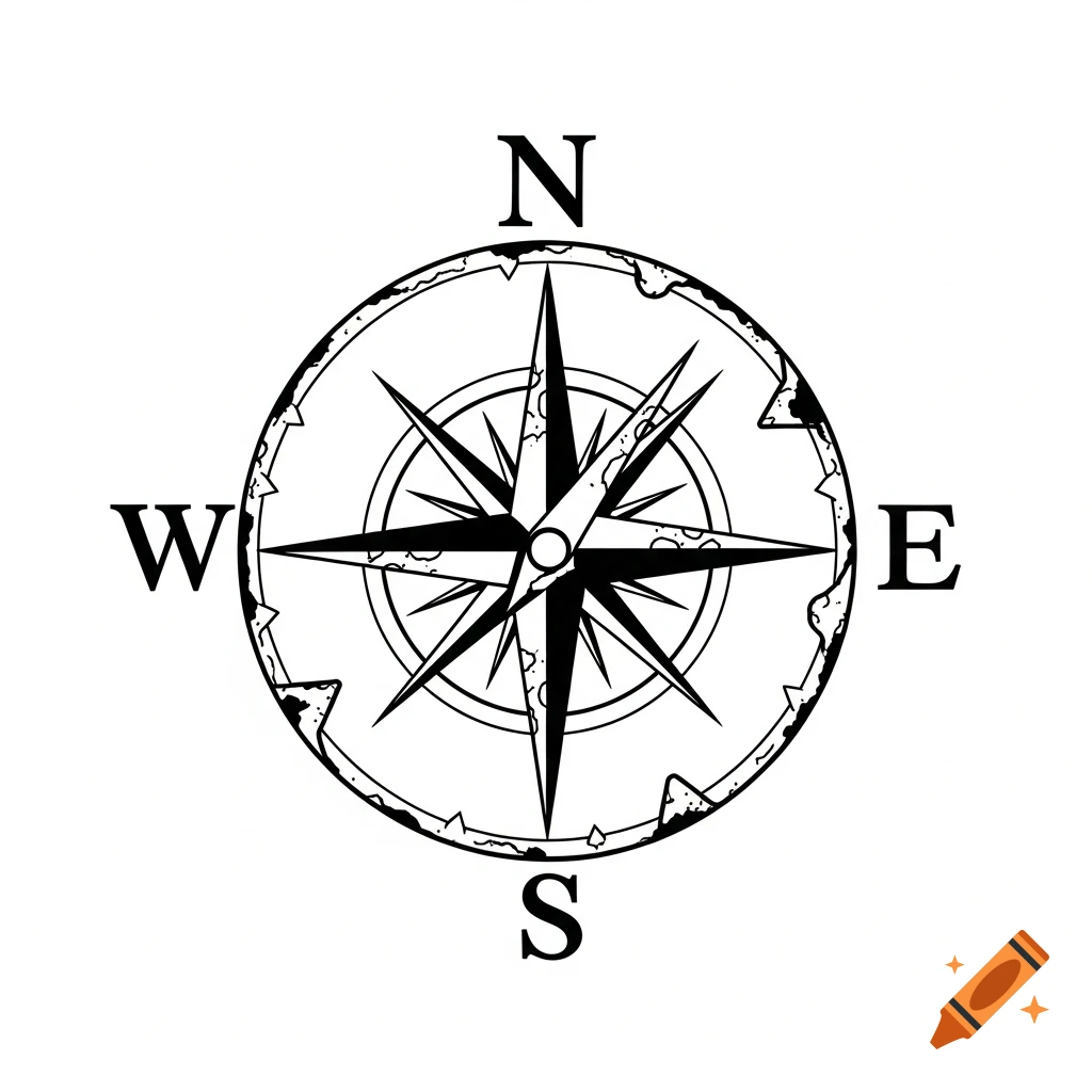 A black and white line icon of a chipped compass rose with N, E, S, W directional letters.
