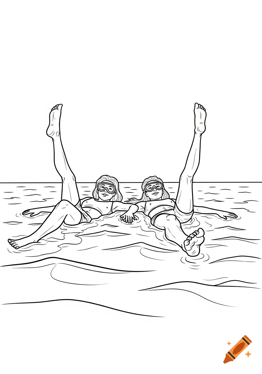 Outline drawing of two friends in swimsuits and goggles floating in water with one leg raised, in a coloring book style.