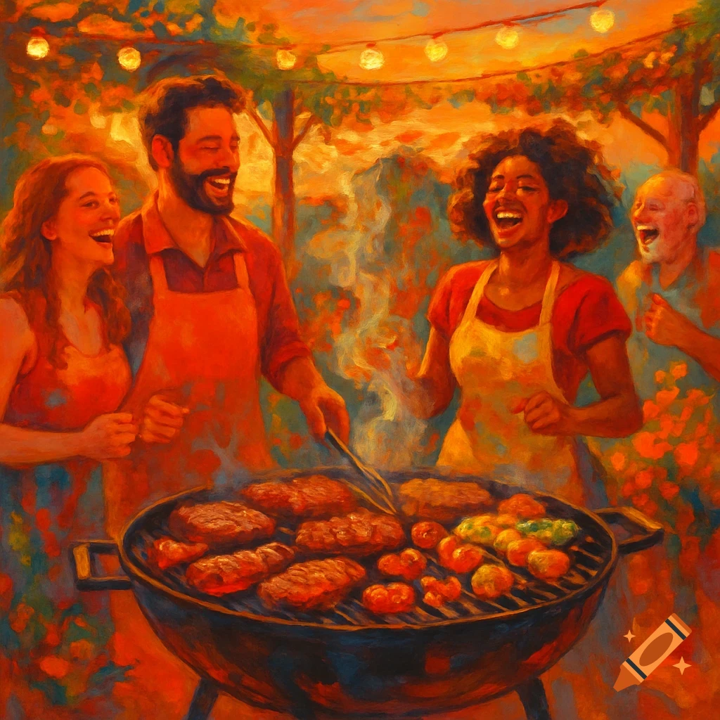People laughing and grilling at an outdoor BBQ, painted in a warm, impressionistic style.