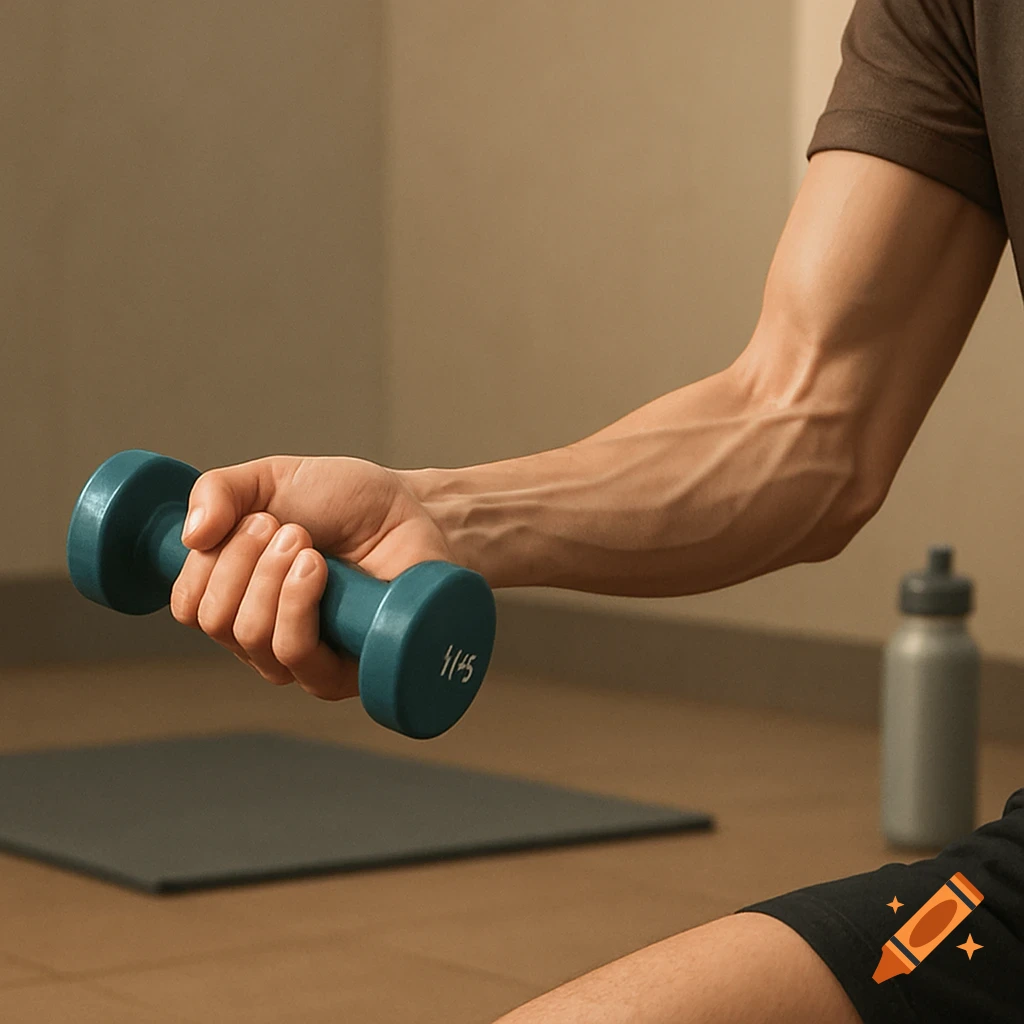 A person's muscular arm and hand holding a teal dumbbell during a workout, with a mat and water bottle in the background.