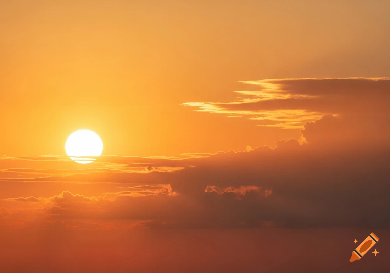 A bright white sun hangs low in a vibrant orange sky, with dark, layered clouds spread across the right side.