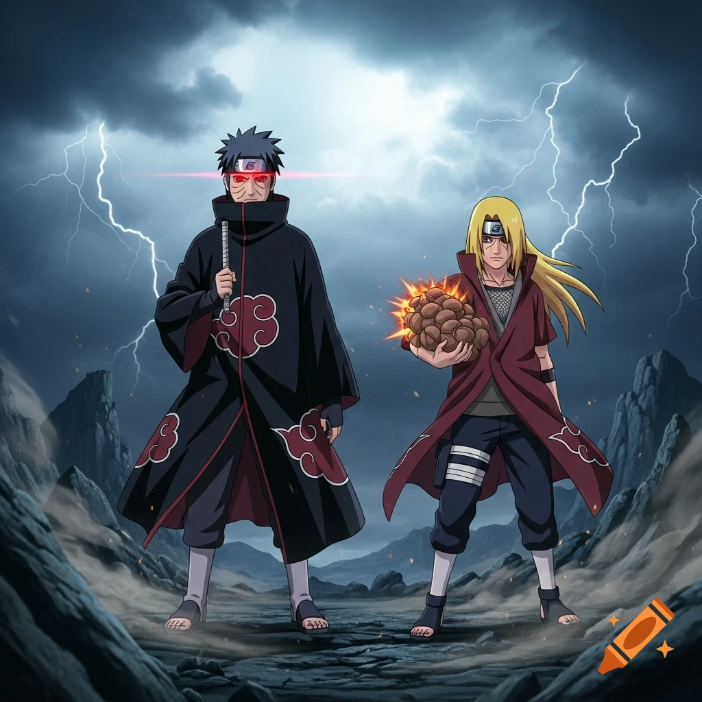 Anime characters Obito Uchiha and Deidara stand in a stormy, rocky landscape with lightning. Obito has glowing red eyes, and Deidara holds exploding bombs.