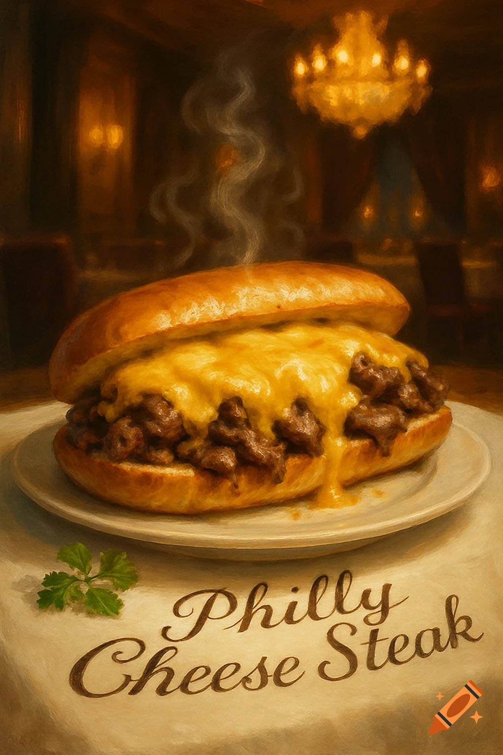 Steaming Philly cheese steak sandwich on a plate, with "Philly Cheese Steak" text, in an elegant, painterly restaurant setting.