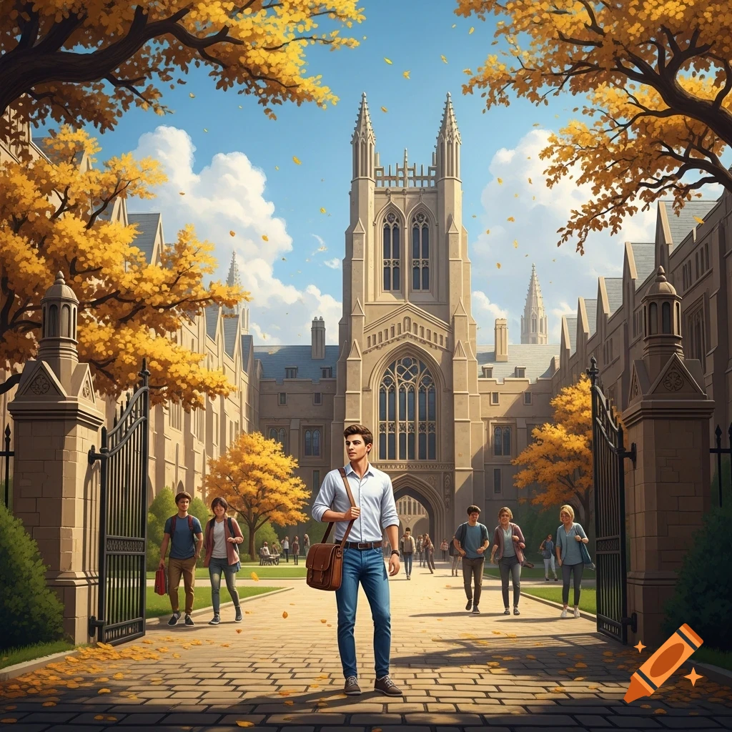 A young man with a messenger bag walks through a college campus in autumn, surrounded by students and Gothic architecture.
