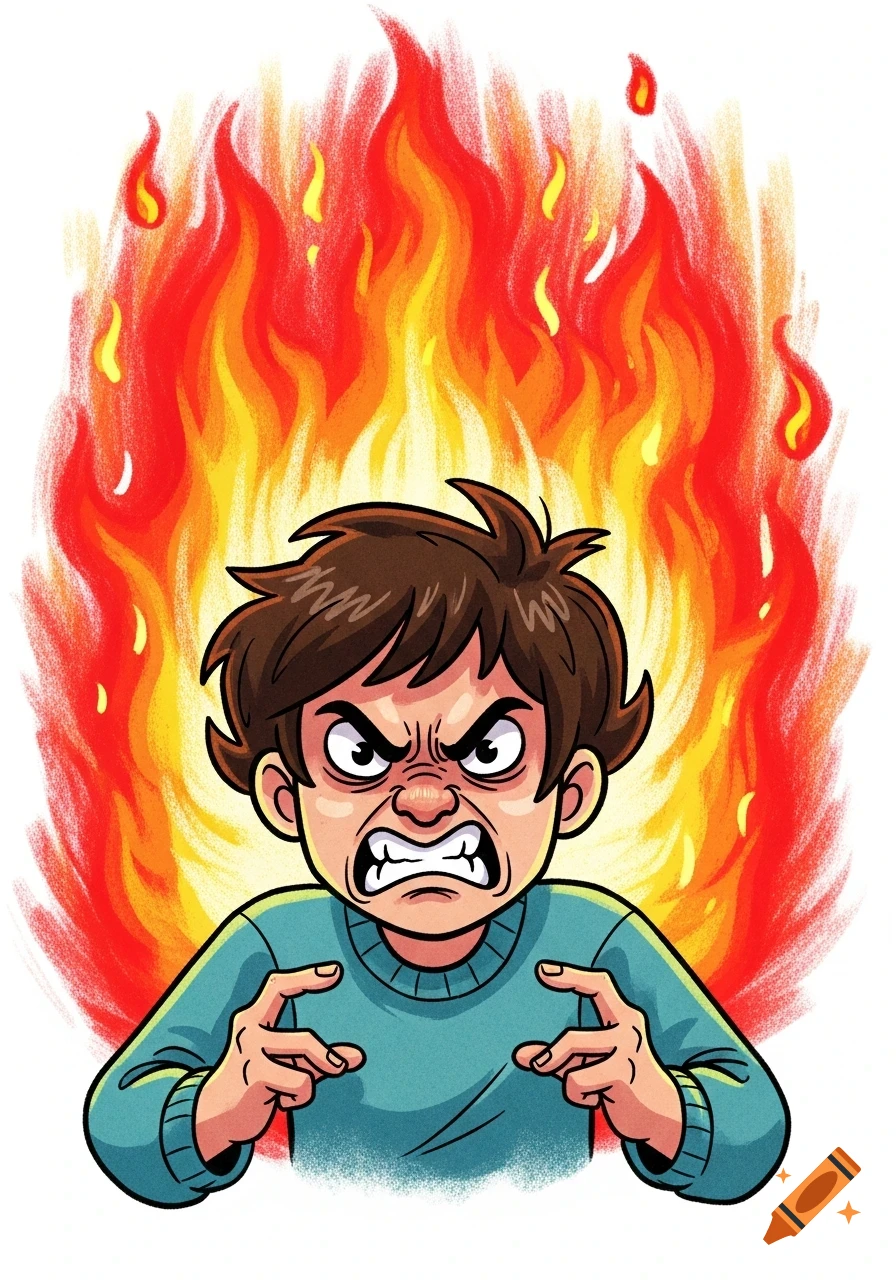 A cartoon illustration of a furious person with clenched teeth and fiery rage behind them.