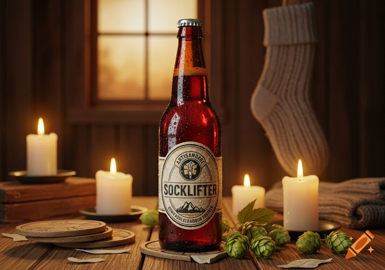 A cold bottle of "SOCKLIFTER" beer with condensation, surrounded by lit candles, hop cones, and wooden coasters, in a warm, rustic setting with a window and a knitted sock in the background.