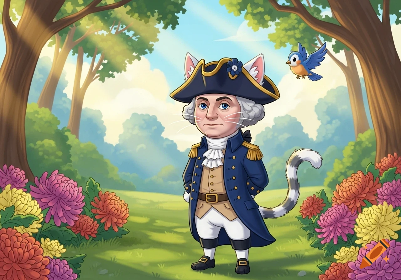 A cartoon George Washington with cat ears and a striped tail, dressed in colonial attire, stands in a lush, flower-filled forest with a blue bird flying nearby.