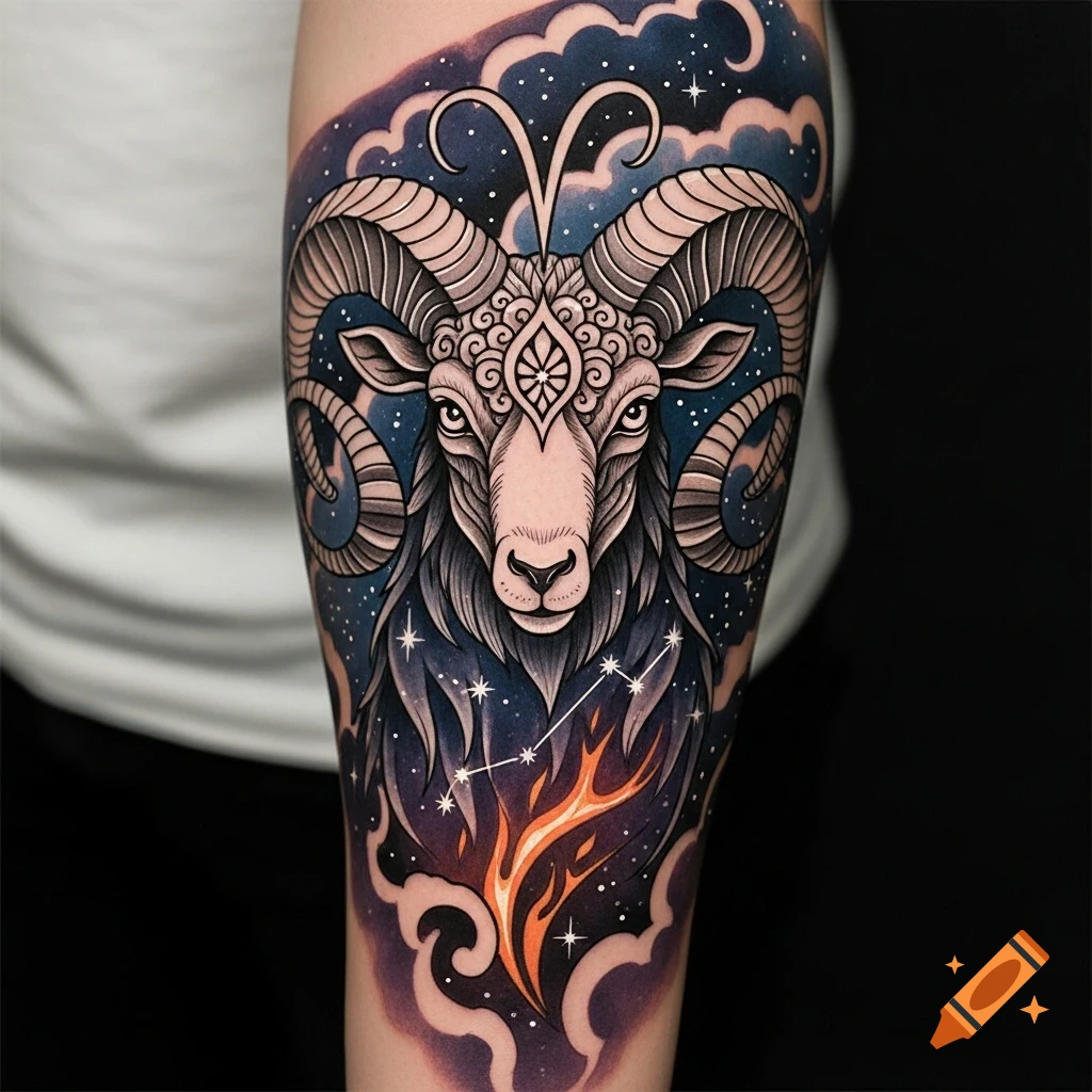 A stylized tattoo of an Aries ram head with ornate details, surrounded by a starry night sky, clouds, and fire, on an arm.
