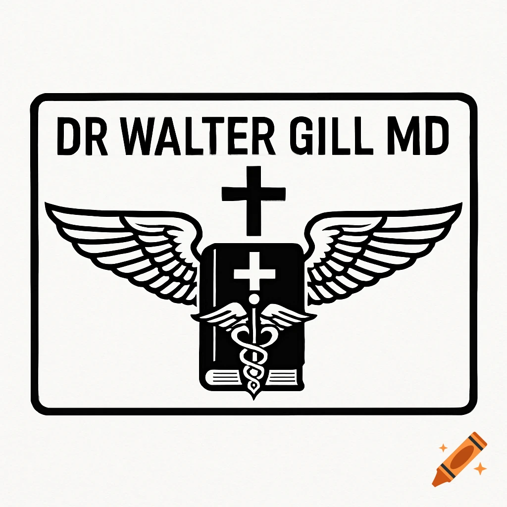 A black and white logo featuring a cross, Bible, caduceus, and wings with the text "DR WALTER GILL MD".