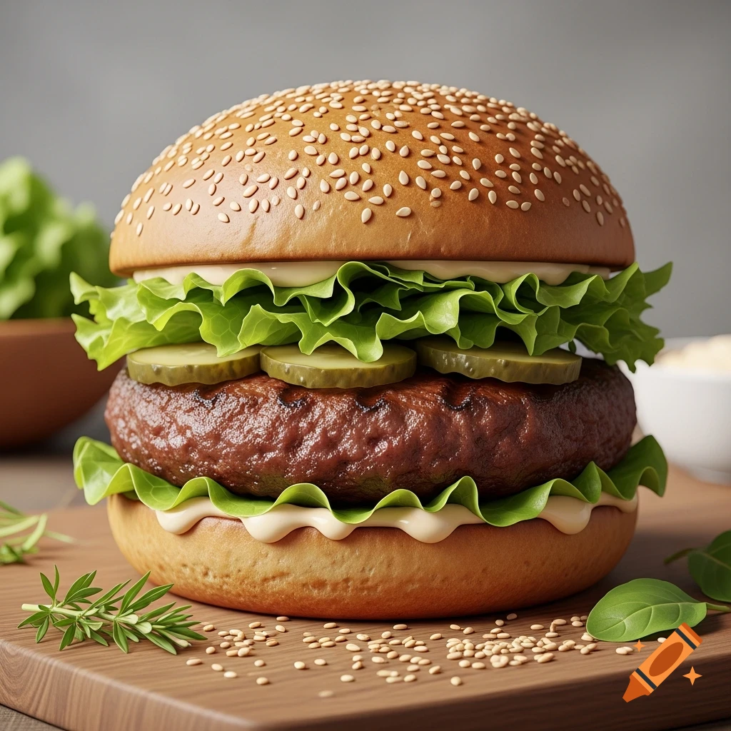 A healthy organic burger with a wholegrain bun, sesame seeds, lettuce, pickles, a beef patty, and garlic mayo on a wooden board.