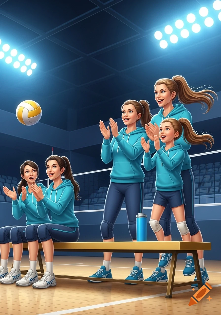 Five women and a girl in teal sportswear and ponytails clap on a volleyball court with a golden bench. A volleyball floats nearby.