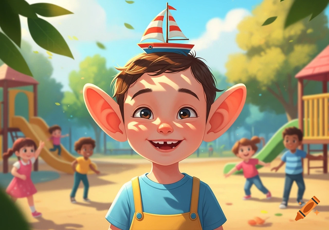 A grinning cartoon child with large ears and a missing front tooth wears blue overalls and a toy sailboat on his head, standing in a sunny playground with other children.