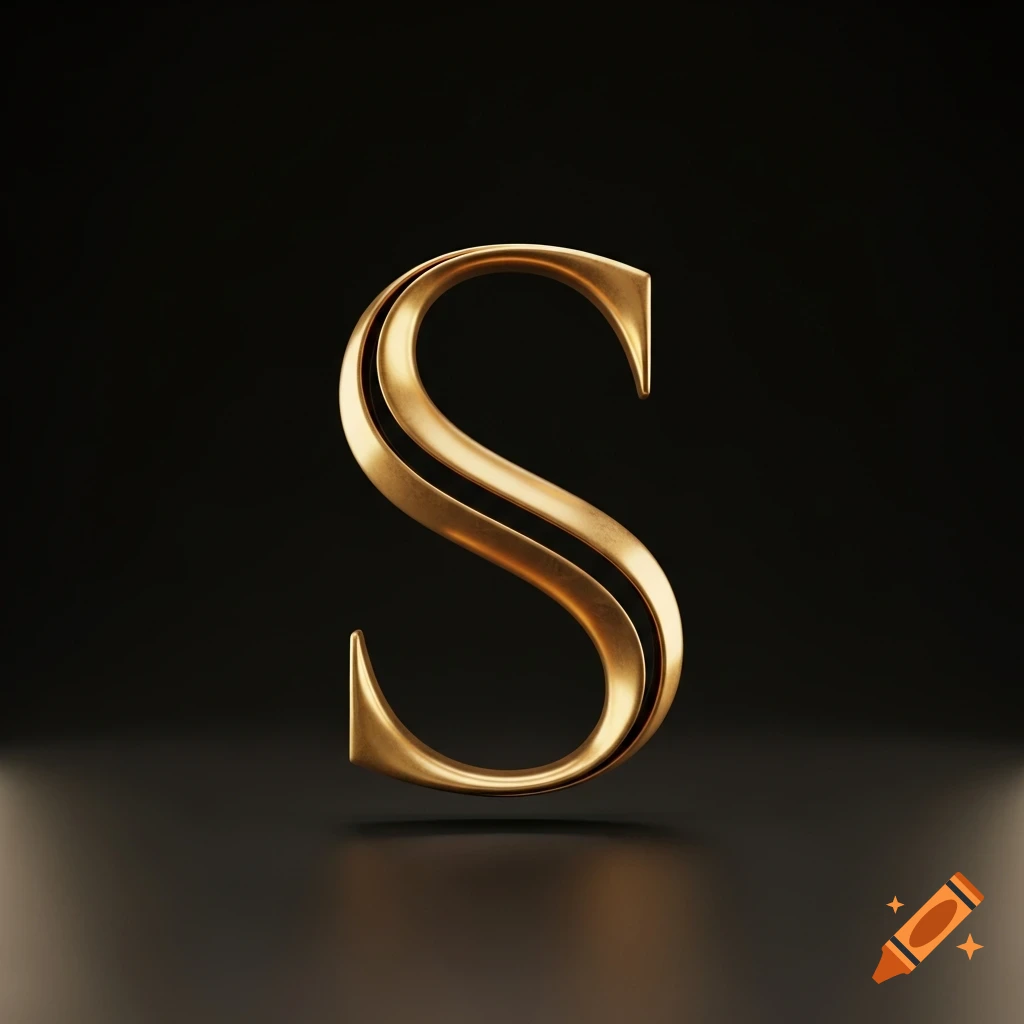 A shiny, golden, elegant letter 'S' stands on a dark, reflective surface, rendered in 3D.