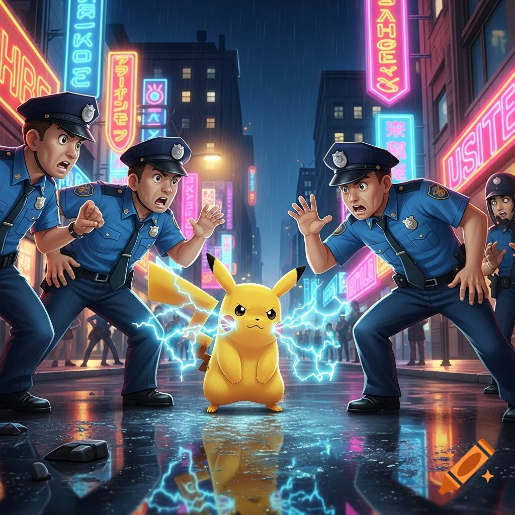 Pikachu emits lightning, startling several police officers on a wet ...