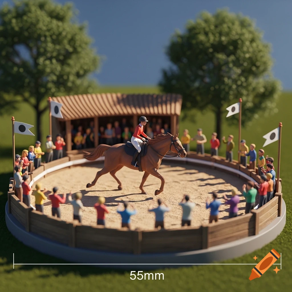 A miniature diorama of a horse and rider in an arena surrounded by spectators, with '55mm' scale text.