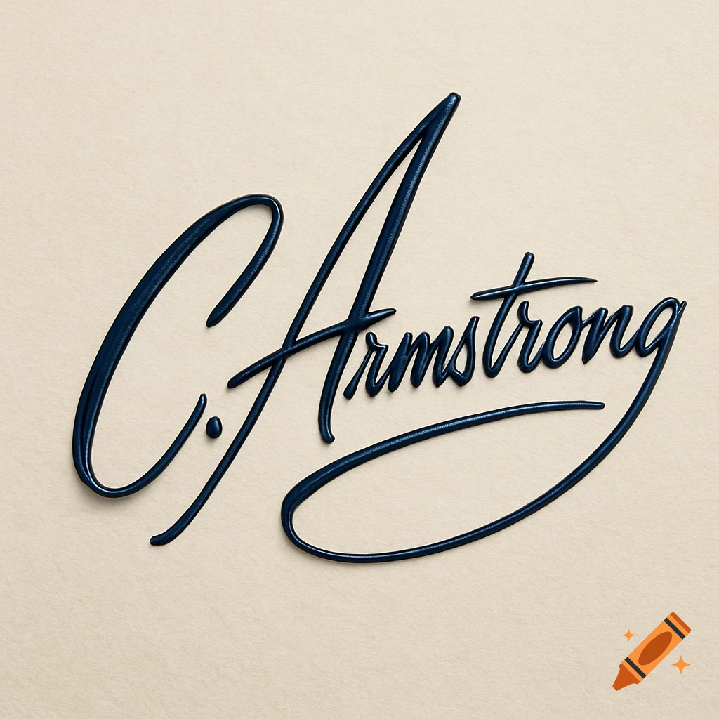 A dark blue, elegant 3D signature for "C. Armstrong" with an embossed effect on a light beige textured background.