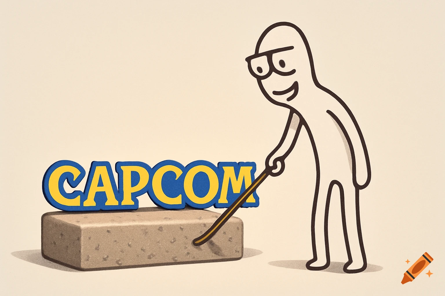 A cartoon stick-figure character with glasses pokes a large, blue and yellow "CAPCOM" logo with a stick.