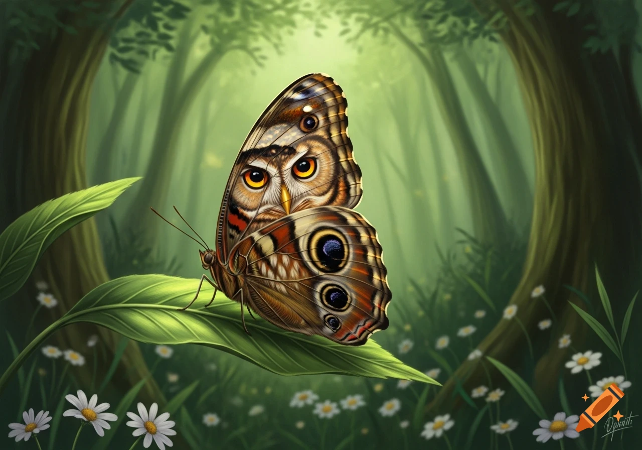 A detailed illustration of a butterfly with owl-like faces on its wings, resting on a green leaf in a lush forest.