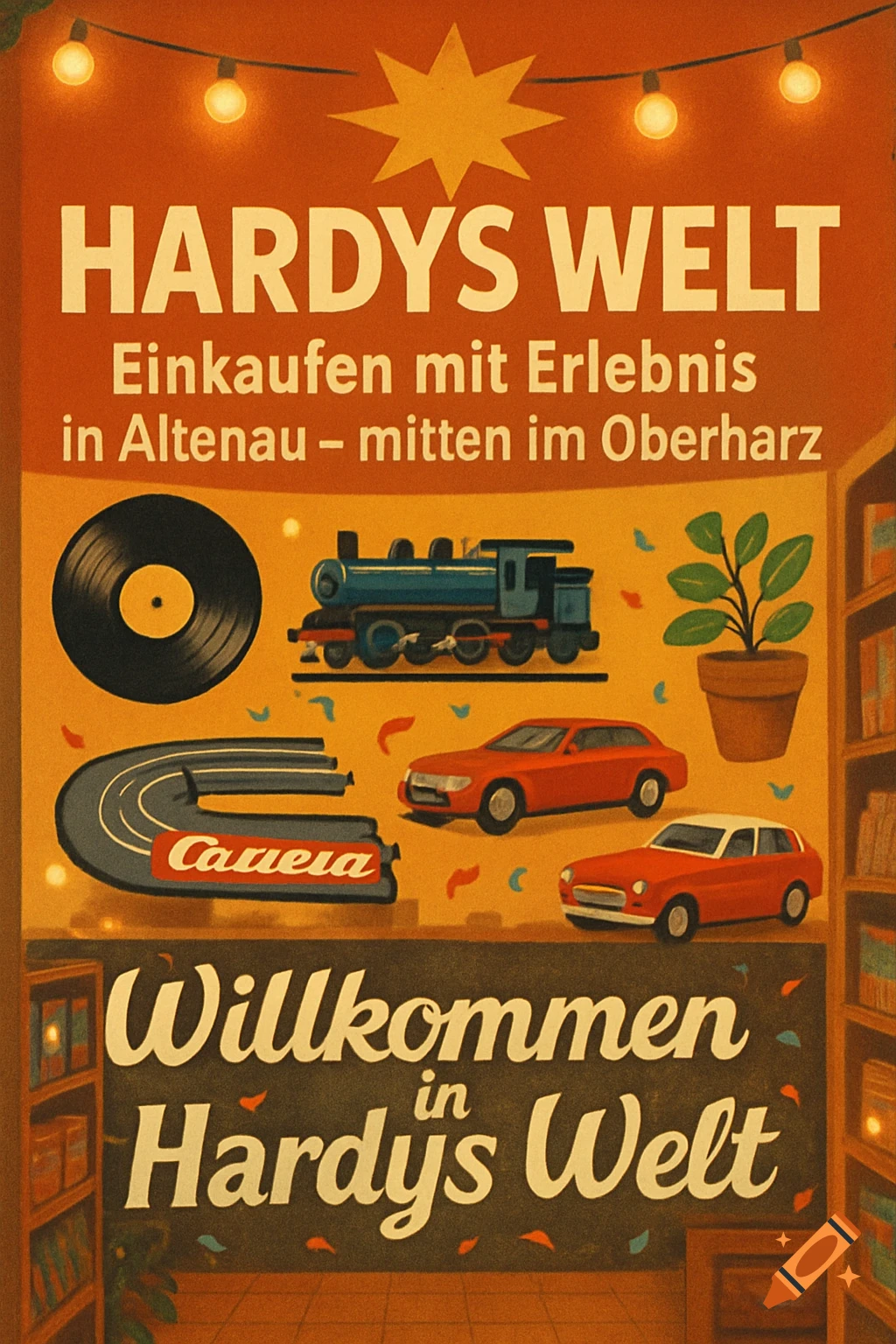 Vintage-style advertisement poster for 'Hardys Welt' featuring text, a train, cars, a record, and a race track.
