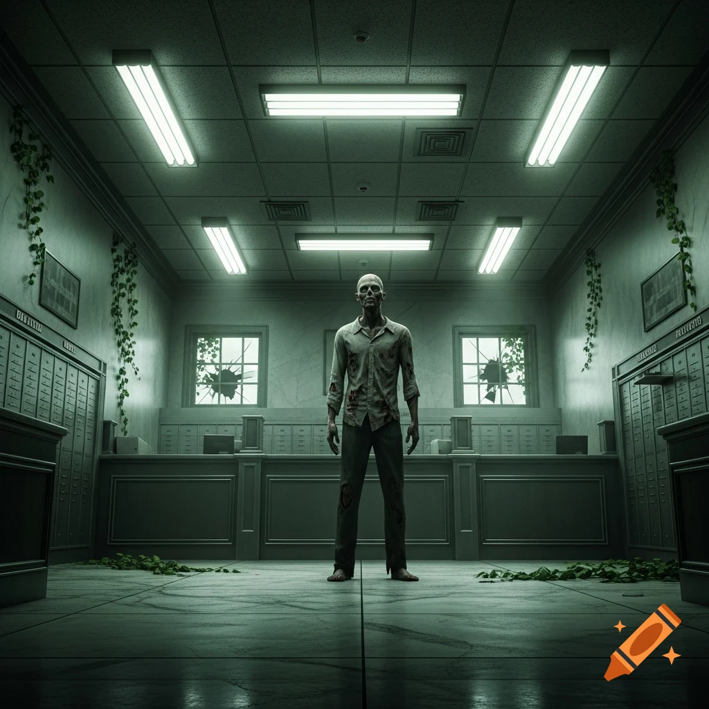 A zombie stands in the center of an abandoned, overgrown bank lobby with broken windows and dim fluorescent lights.