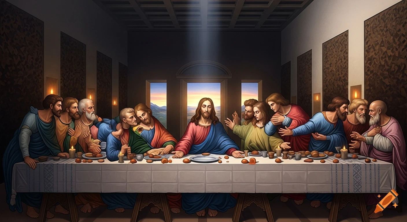 A vibrant illustration of The Last Supper, with Jesus and his disciples seated at a long table, a bright beam of light shining above Jesus.