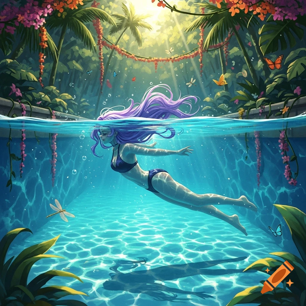 Anime-style character with long purple hair swimming underwater in a sunlit pool surrounded by lush tropical plants and flowers.
