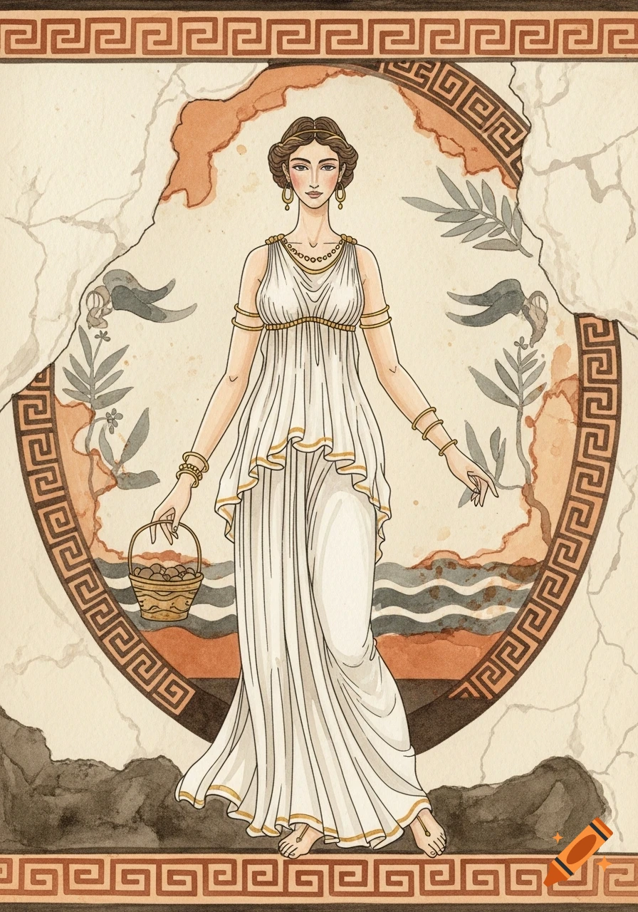 A watercolor illustration of Aphrodite in a white chiton, holding a basket, in the style of ancient Greek frescoes with geometric borders.