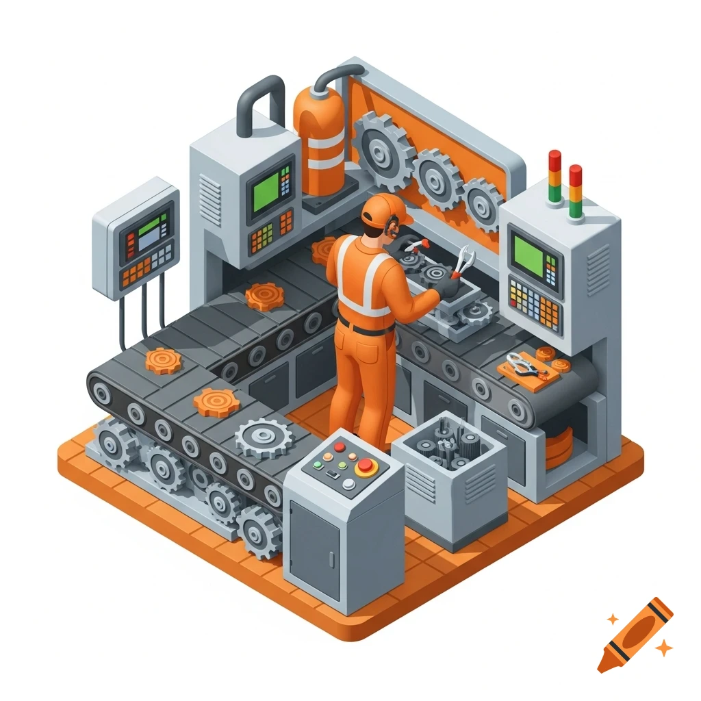 Isometric 3D illustration of a service technician in an orange outfit maintaining a production line with gears and conveyor belts.